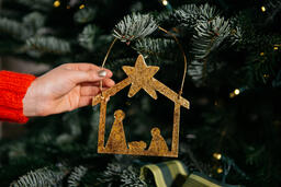 Young Girl's Hand Hanging a Nativity Scene Christmas Ornament on the Tree  image 1