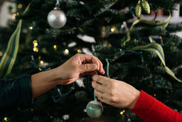 Hands Sharing a Christmas Ornament in Front of the Tree  image 2