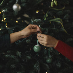 Hands Sharing a Christmas Ornament in Front of the Tree  image 1