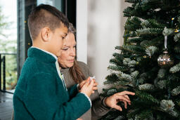 Grandmother and Grandson Decorating the Christmas Tree Together  image 1