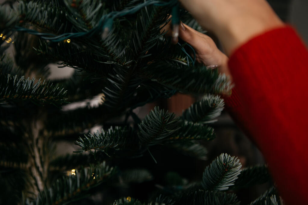 Woman's Hands Putting Lights on the Christmas Tree large preview