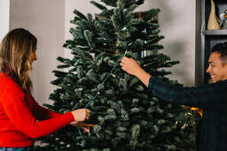 Young Married Couple Decorating a Christmas Tree Together  image 2