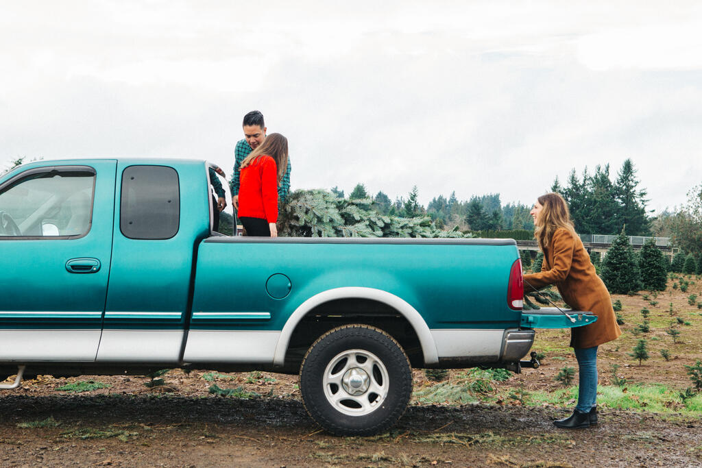 Young Family Loading a Christmas Tree into their Truck large preview