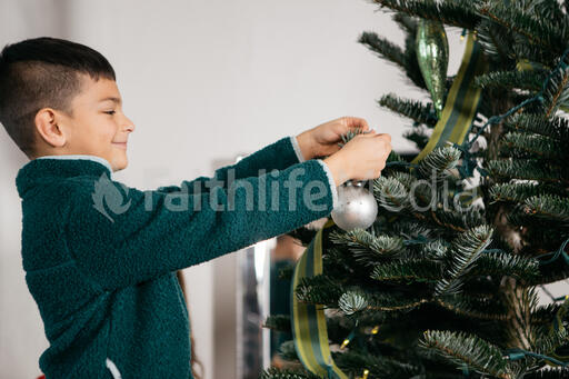 Young Boy Decorating the Christmas Tree