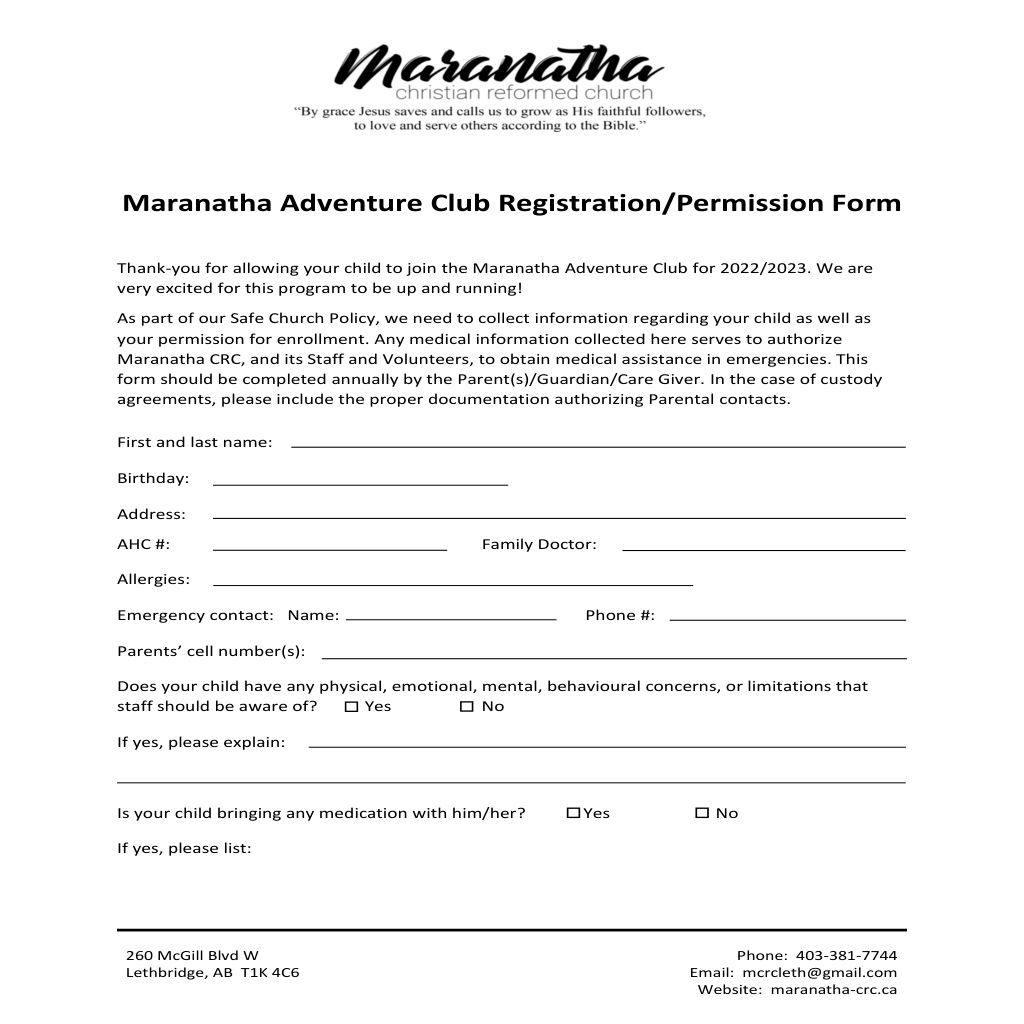 Adventure Club Registration Forms Template 2022-23