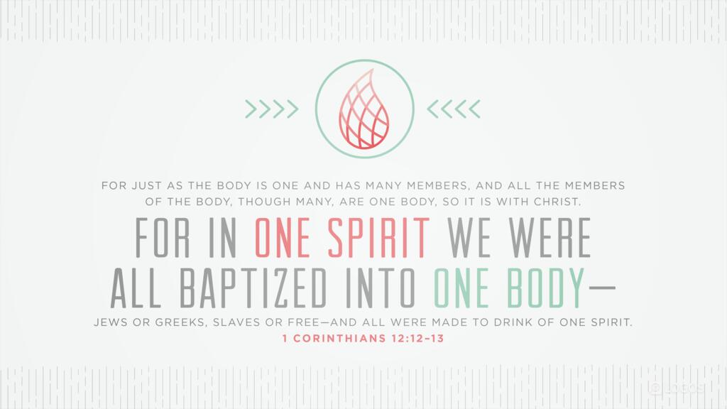 1 Corinthians 12:12–13: For just as the body is one and has many members, and all the members of the body, though many, are one body, so it is with Christ. For in one Spirit we were all baptized into one body—Jews or Greeks, slaves or free—and all were made to drink of one Spirit.