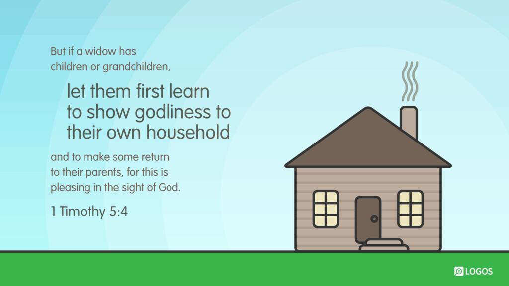 1 Timothy 5:4: But if a widow has children or grandchildren, let them first learn to show godliness to their own household and to make some return to their parents, for this is pleasing in the sight of God.