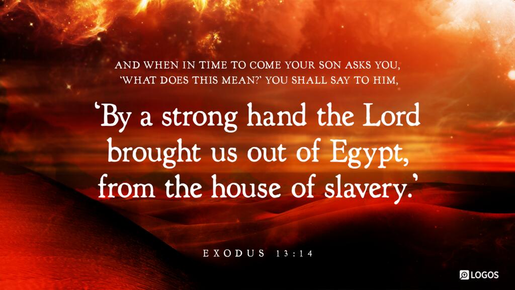 Exodus 13:14: And when in time to come your son asks you, ‘What does this mean?’ you shall say to him, ‘By a strong hand the Lord brought us out of Egypt, from the house of slavery.