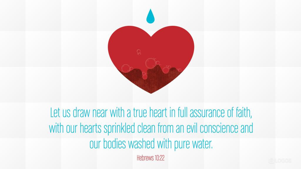 Hebrews 10:22: … let us draw near with a true heart in full assurance of faith, with our hearts sprinkled clean from an evil conscience and our bodies washed with pure water.