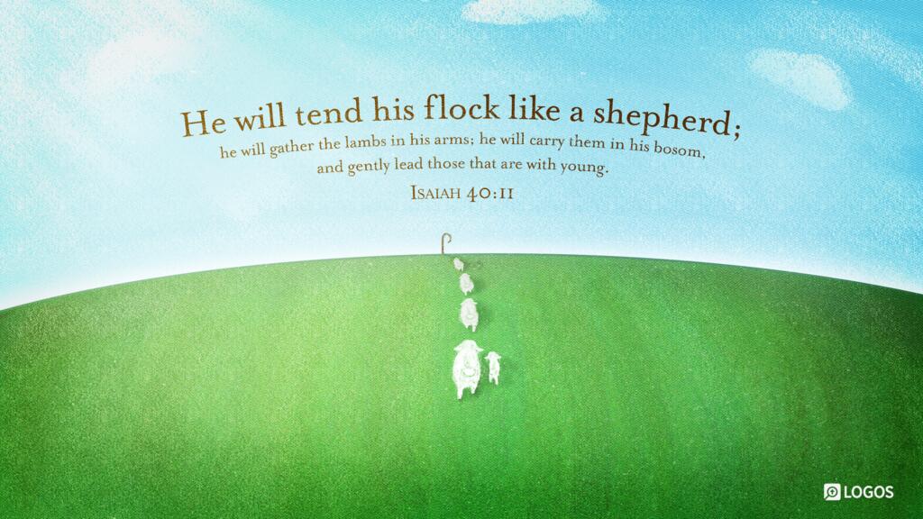 Isaiah 40:11: He will tend his flock like a shepherd; he will gather the lambs in his arms; he will carry them in his bosom, and gently lead those that are with young.