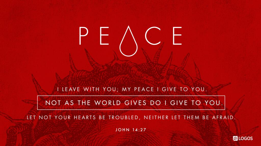 John 14:27: Peace I leave with you; my peace I give to you. Not as the world gives do I give to you. Let not your hearts be troubled, neither let them be afraid.