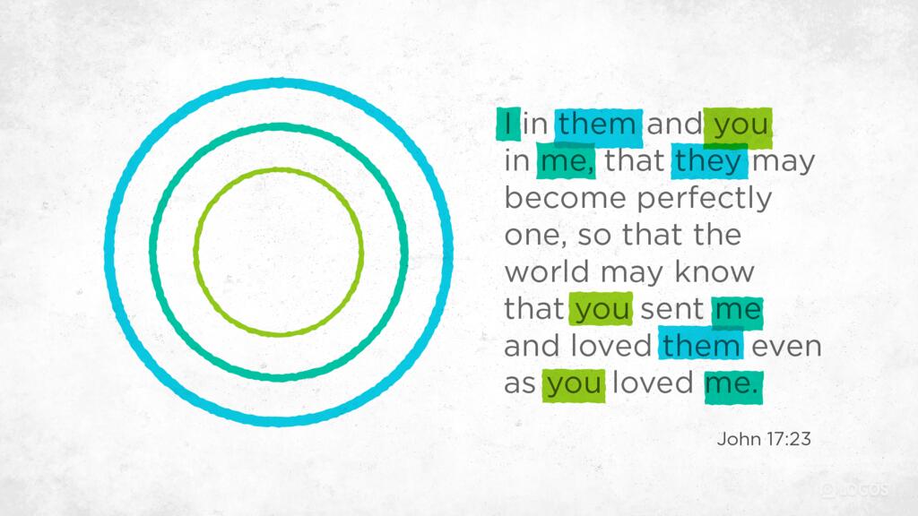 John 17:23: I in them and you in me, that they may become perfectly one, so that the world may know that you sent me and loved them even as you loved me.