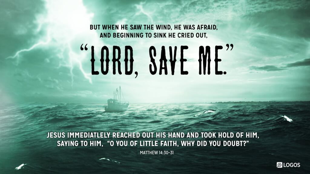 Matthew 14:30–31: But when he saw the wind, he was afraid, and beginning to sink he cried out, “Lord, save me.” Jesus immediately reached out his hand and took hold of him, saying to him, “O you of little faith, why did you doubt?”