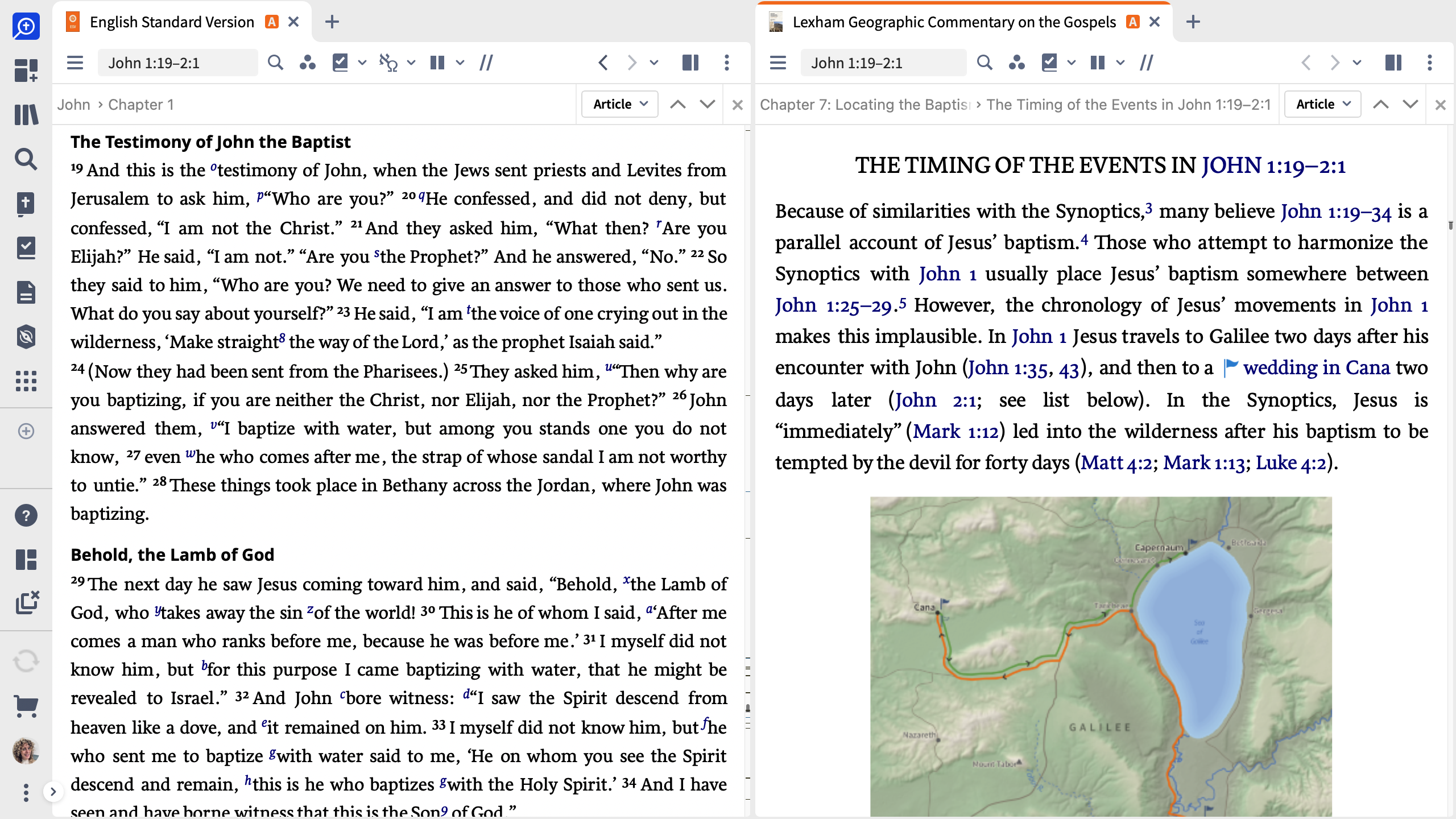 ESV And Lexham Geographic Commentary side-by-side layout in Logos