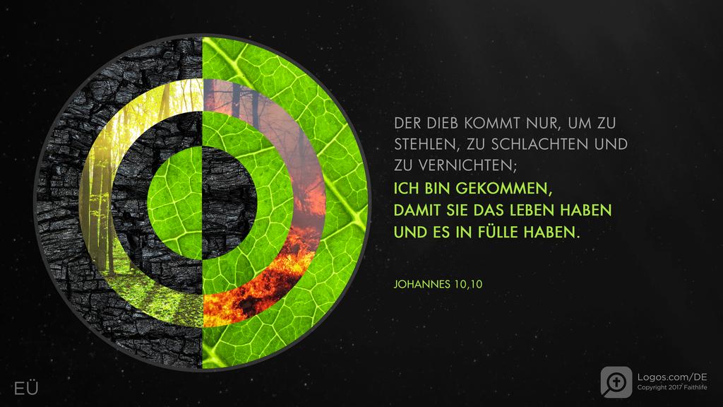 Johannes 10,10: DER DIEB KOMMT NUR, UM ZU STEHLEN, ZU SCHLACHTEN UND ZU VERNICHTEN; ICH BINB GEKOMMEN, DAMIT SIE DAS LEBEN HABEN UND ES IN FÜLLE HABEN.