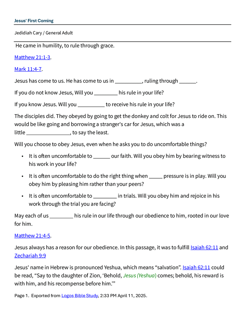 4 12-13 2025 Jesus' First Coming Saturday And Sunday Notes