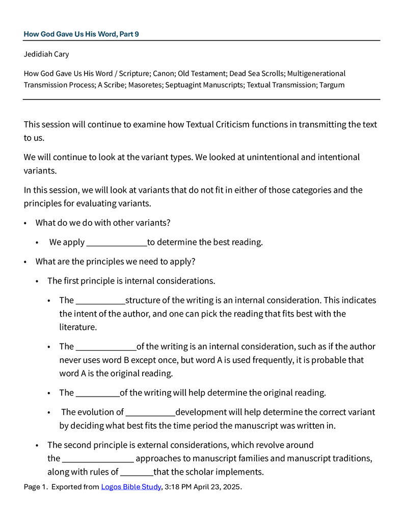 04 23 2025 How God Gave Us His Word Part 9 Wednesday Study Notes