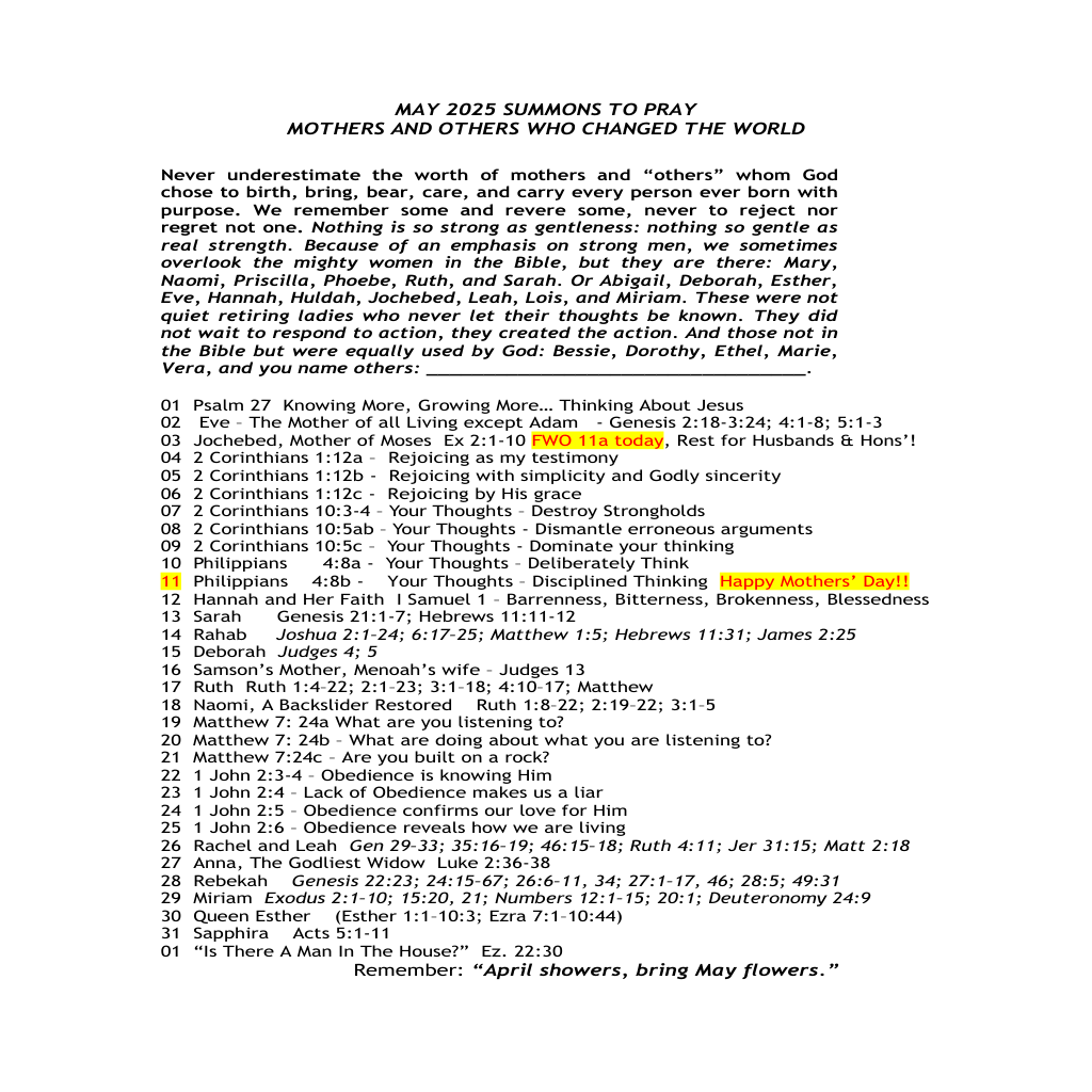 00 MAY 2025 SUMMONS TO PRAY