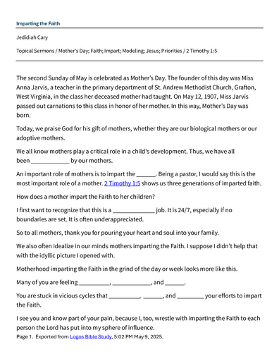 05 10-11 2025 Imparting The Faith - Mothers Day Notes