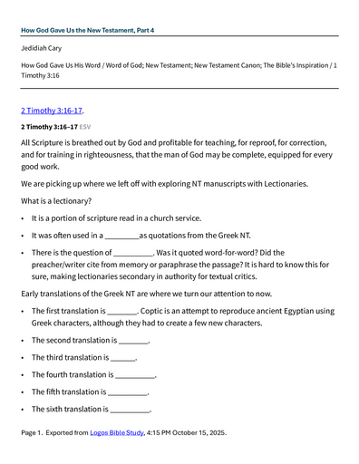 10 29 2025 How God Gave Us The New Testament Part 4 Wednesday Study Notes