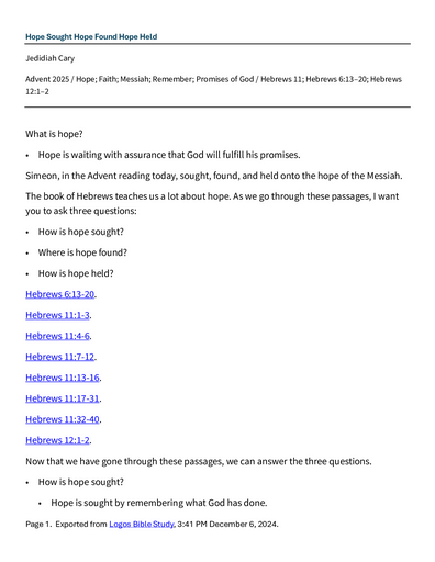 11 30 2025 Hope Sought, Hope Found, Hope Held - Advent 2025 Saturday, Sunday Notes