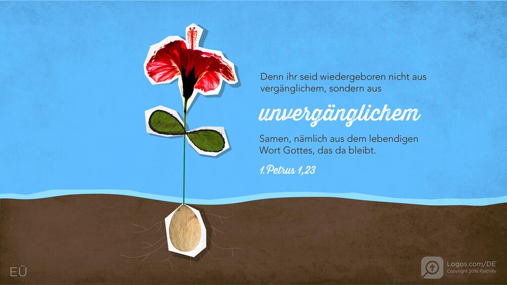 1. Petrus 1,23: Denn ihr seid wiedergeboren nicht aus vergänglichem, sondern aus unvergänglichem Samen, nämlich aus dem lebendigen Wort Gottes, das da bleibt.