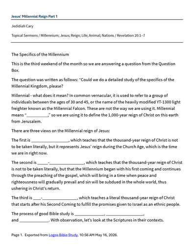05 16-17 2026 Jesus' Millennial Reign Saturday And Sunday Notes.