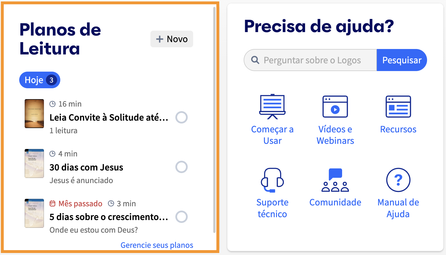 Cartão de Plano de Leitura no Painel de Controle do Logos