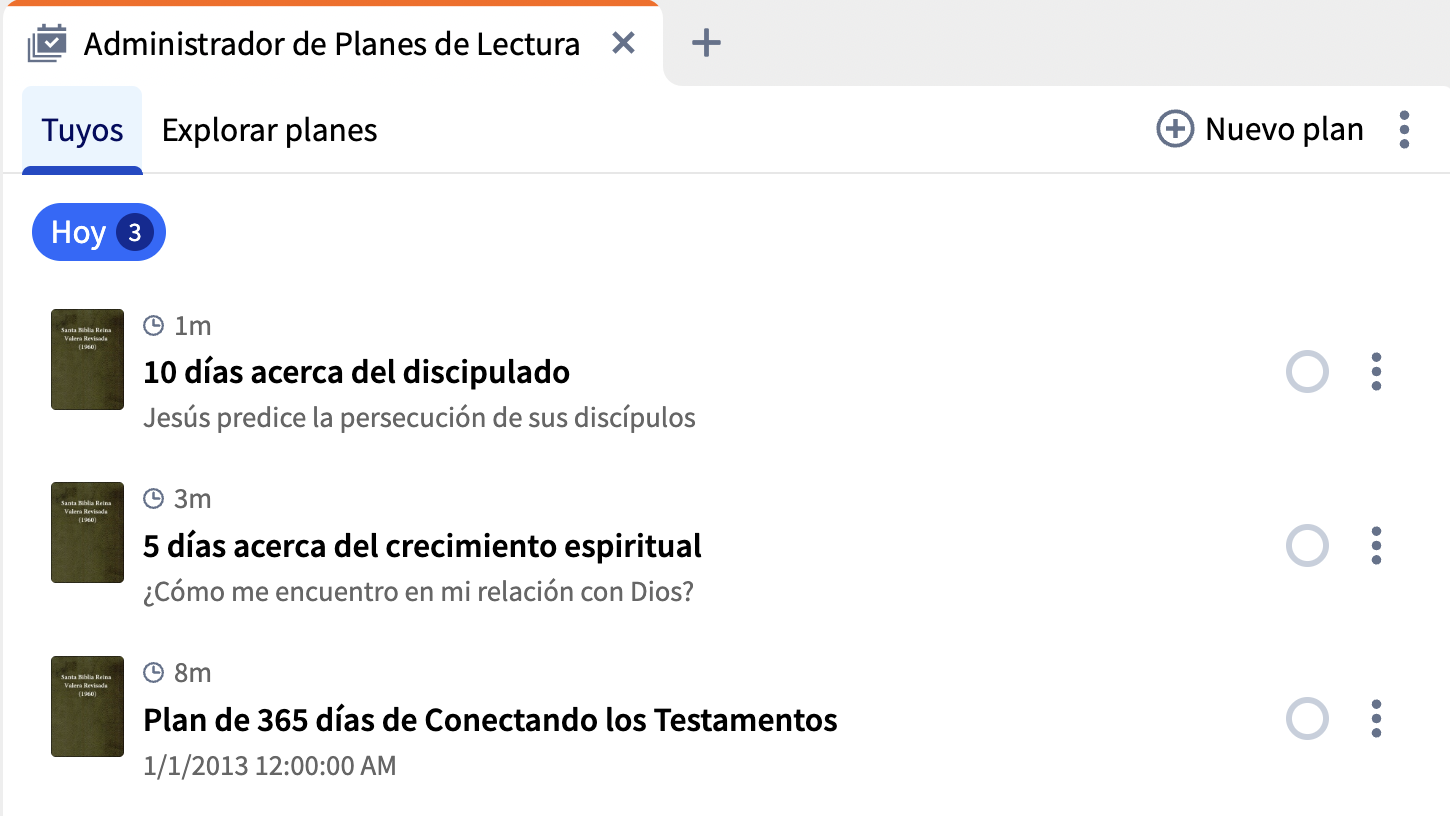La pestaña "Tuyos" en el Administrador de Planes de Lectura de Logos