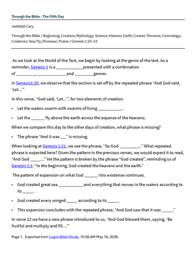 08 29-30 2026 Through The Bible - The Fifth Day Saturday And Sunday Notes.