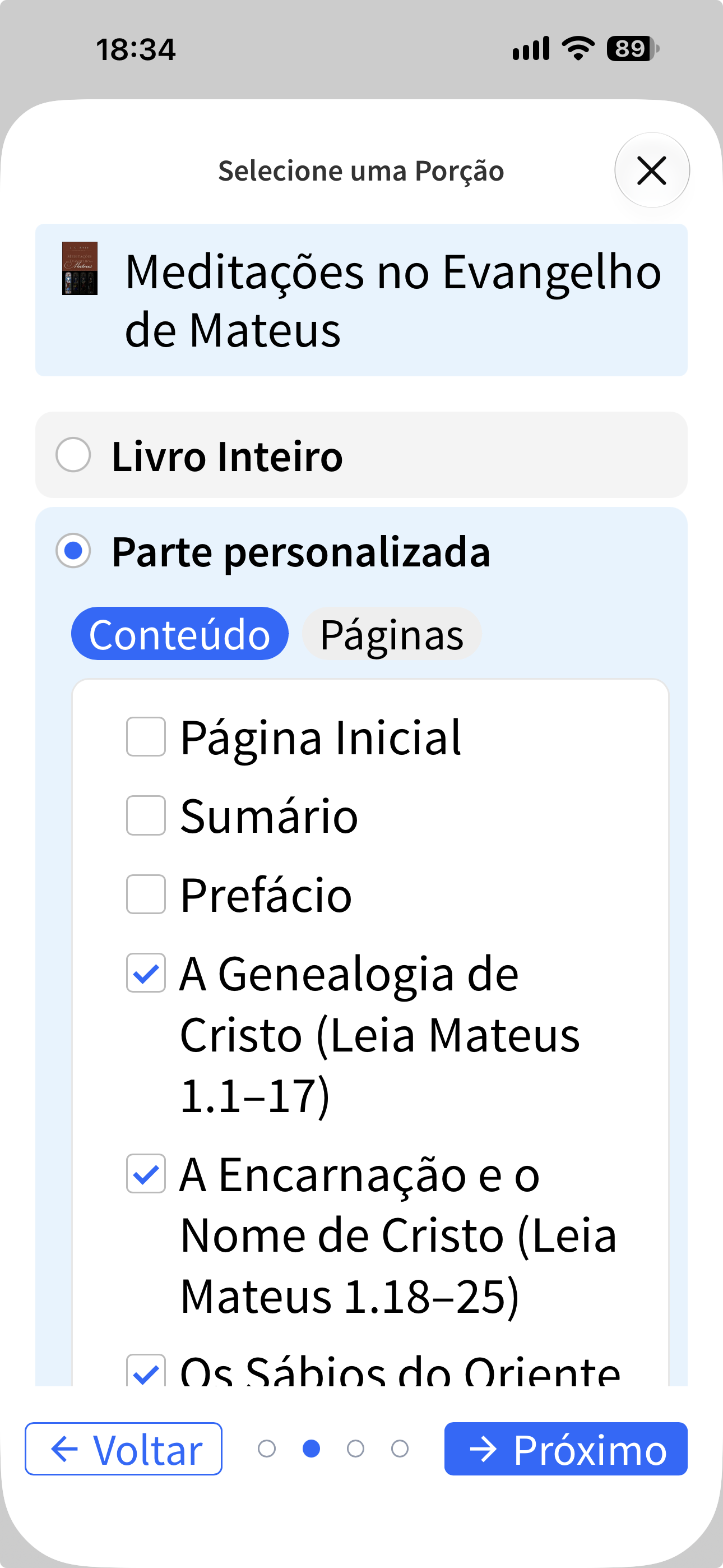 Seleção a partir do sumário nos Planos de Leitura do Logos