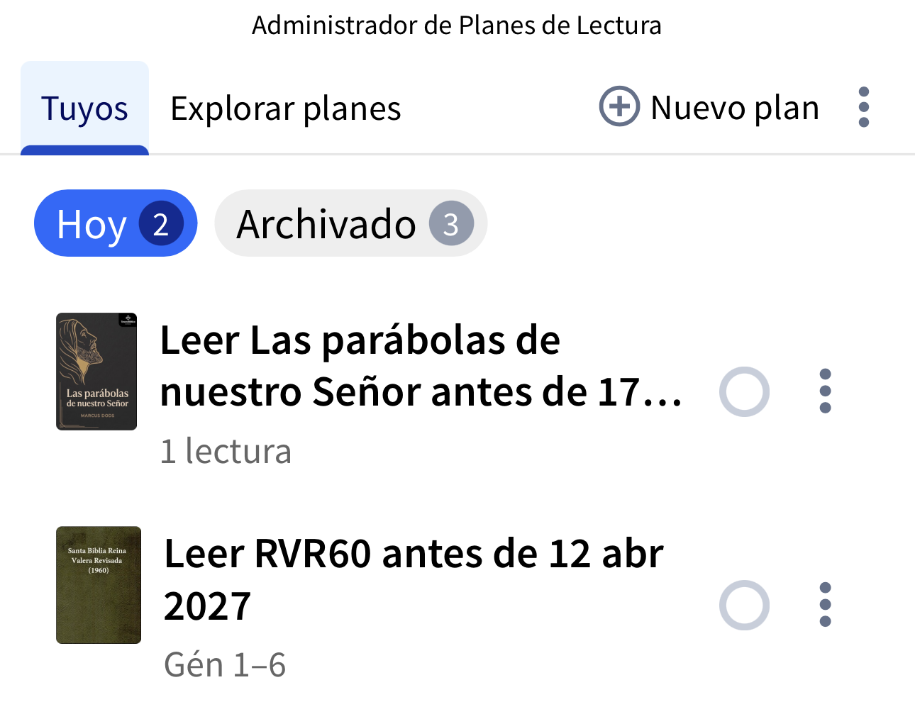 Administrador de Planes de Lectura en la app móvil de Logos