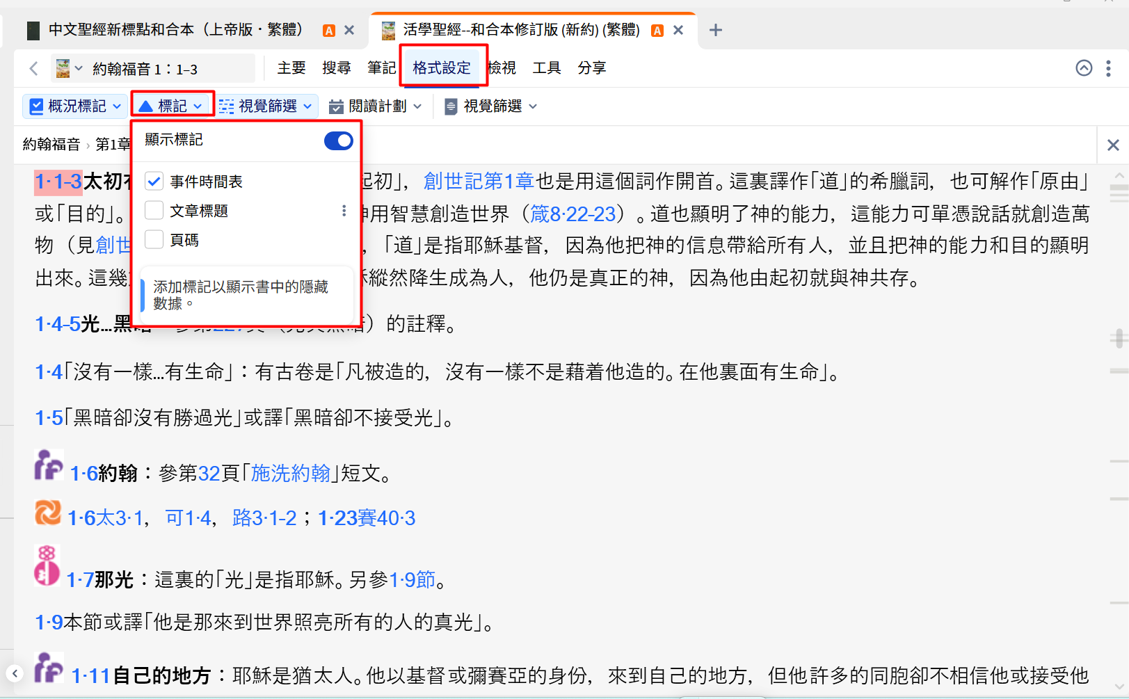 在辭典中顯示標記