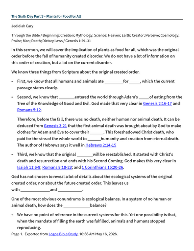 10 17-18 2026 Through The Bible - The Sixth Day Part 3 - Plants For Food For All Saturday And Sunday Notes.